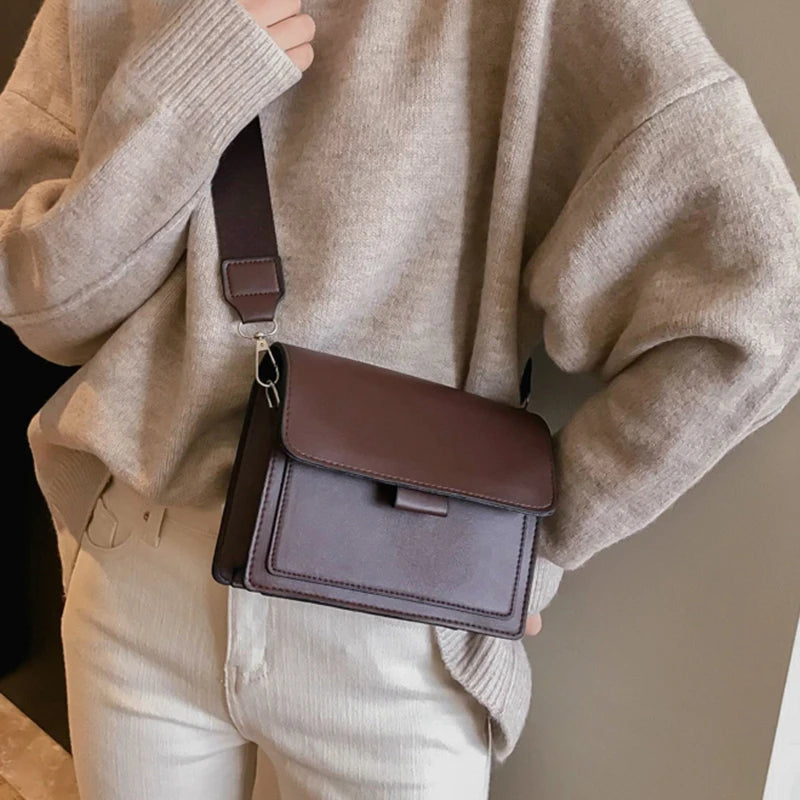 A42 Women's Crossbody Bag Solid Color Wide Shoulder Strap Small Square Bag Retro Casual Simple Crossbody Bag