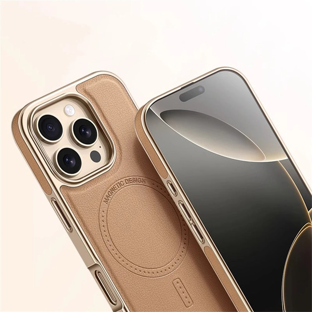 B11 Luxury Business Plating Frame Leather Magnetic Back Case For iPhone 16 15 14 13 Pro Max Magsafe Wireless Charge Shockproof Cover